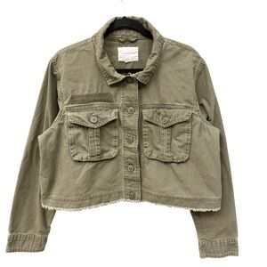 Aeropostale Cropped Military Utility Chore Jacket Olive Green Fringe Hem XL